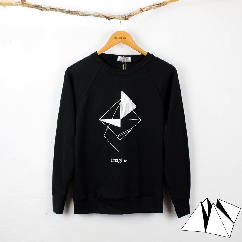 2 Silver Triangle Logo - Black sweatshirt with minimalist handmade print imagine and silver ...