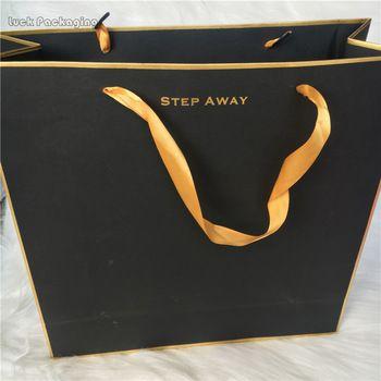 Luxury Black and Gold Logo - Gold Stamping Logo Luxury Glossy Black Paper Bags With Gold Ribbon