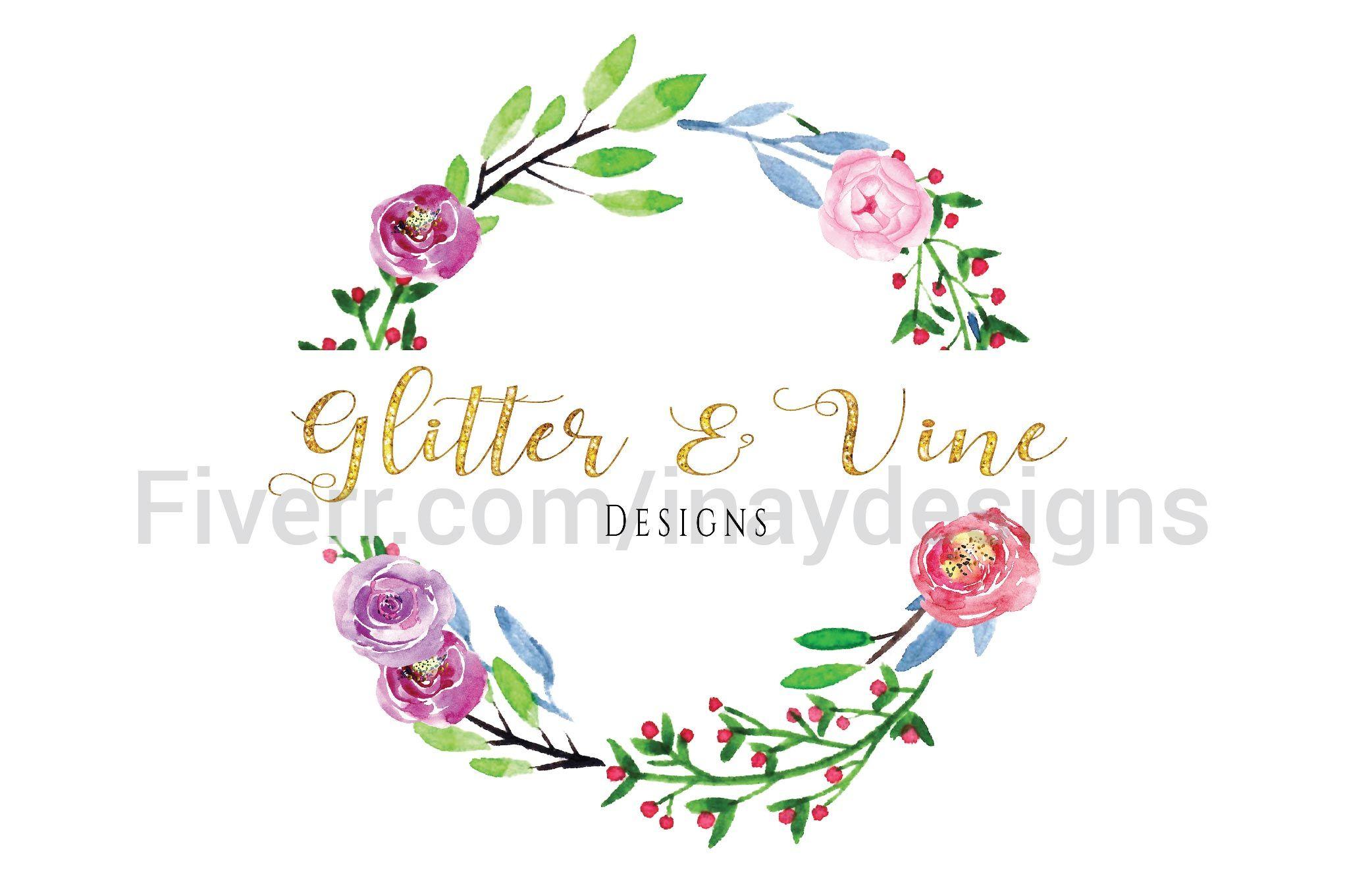 Vine Flower Logo - flower wreath logo, watercolor wreath, frame flowers, flowers frame