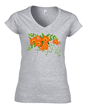 Vine Flower Logo - Trumpet vine flowers logo colorful Women's V-Neck T-Shirt: Amazon.co ...