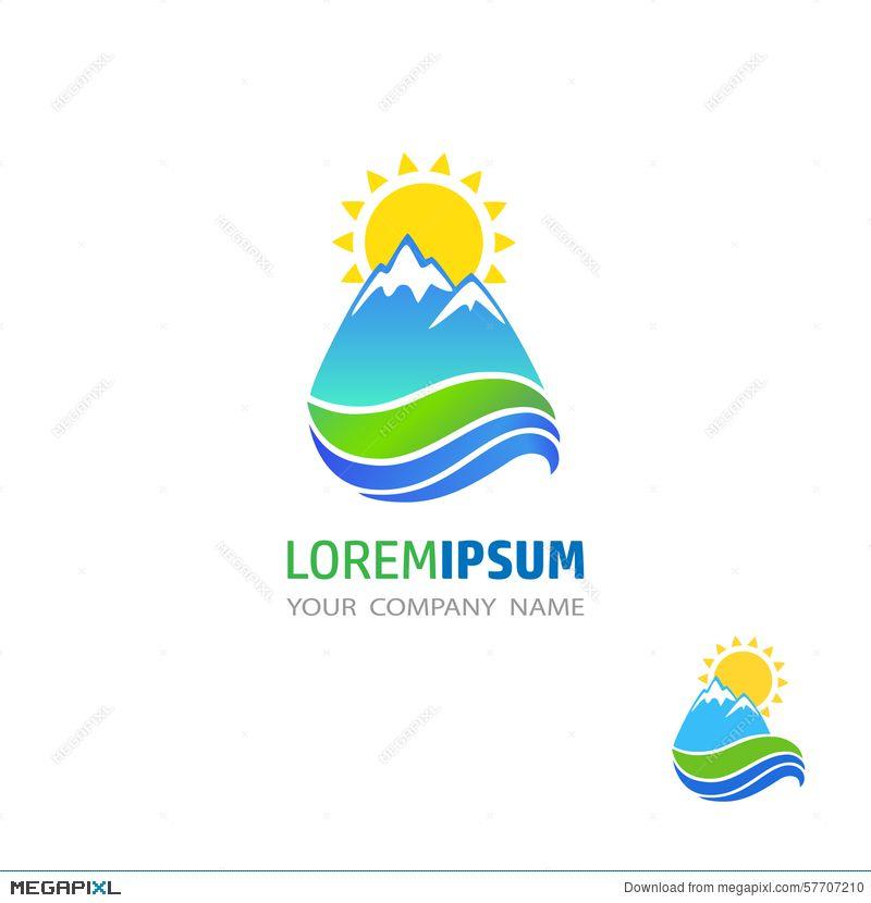 Mountain with Sun Logo - Logo Design. Mountain, River, Landscape And Sun. Illustration