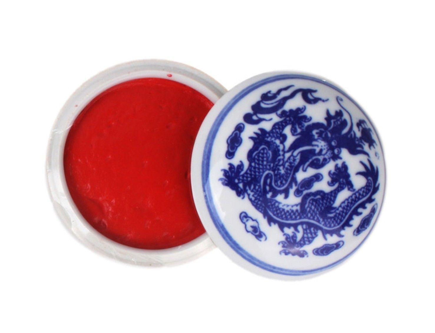 Chinese Blue and Red Logo - Red Chinese Seal Paste & Ceramic Paste Container with Blue Dragons