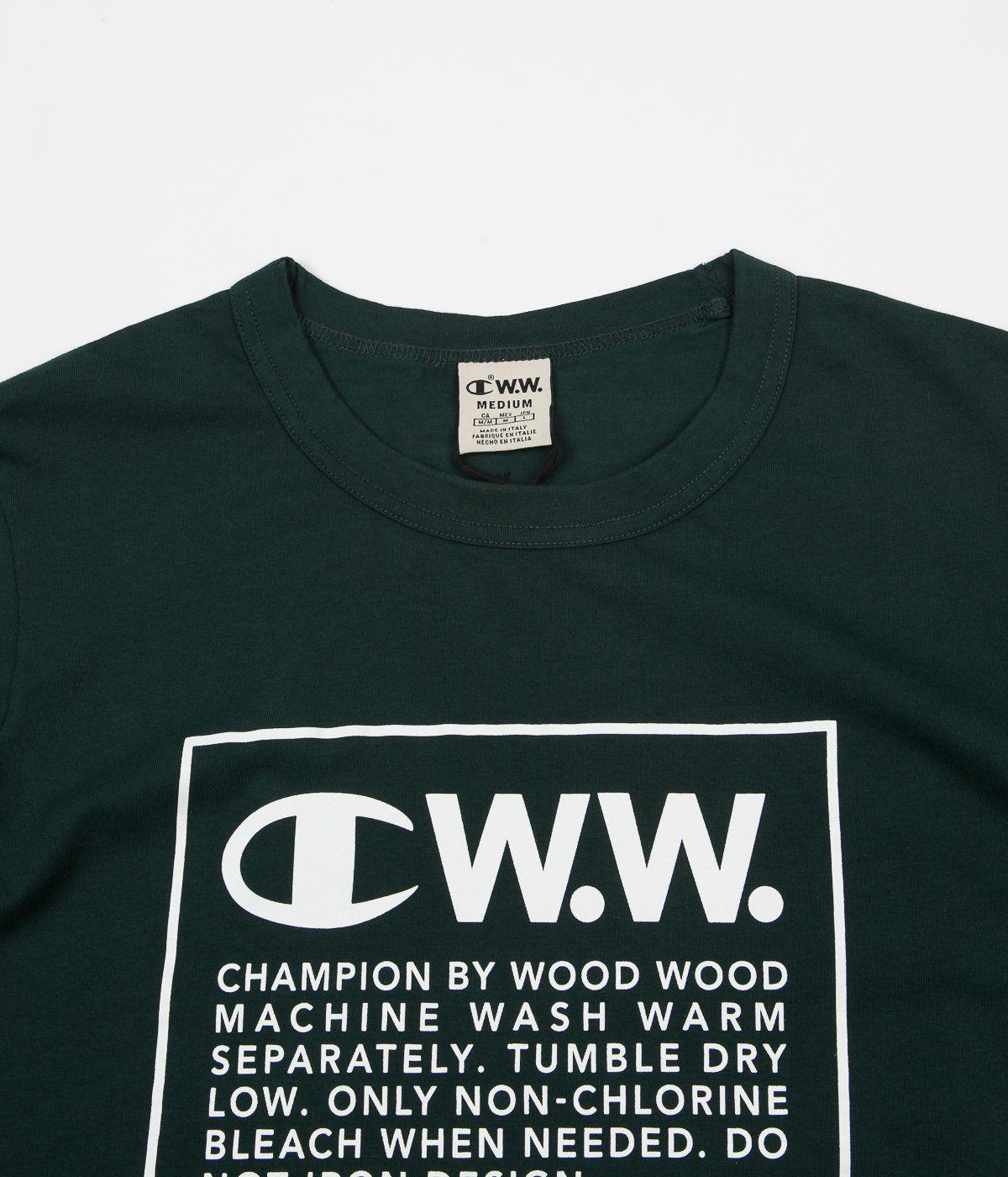 Green and White Box Logo - Champion x Wood Wood Rick Box Logo T-Shirt - Green / White | Flatspot