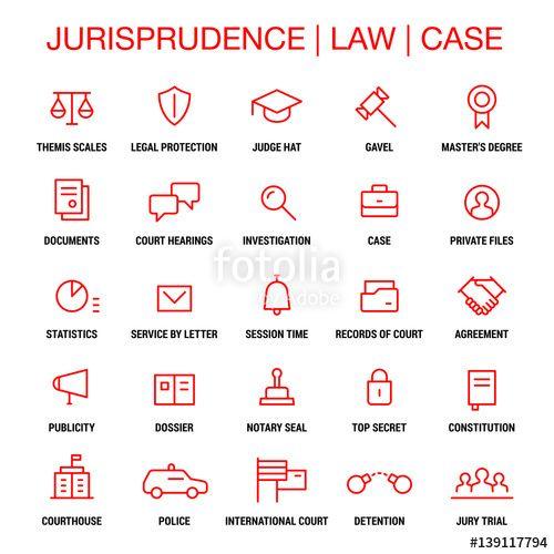 Red and White Lines with a Gavel Logo - Jurisprudence. Law. Case. Icons set. Thin lines. Red on white ...