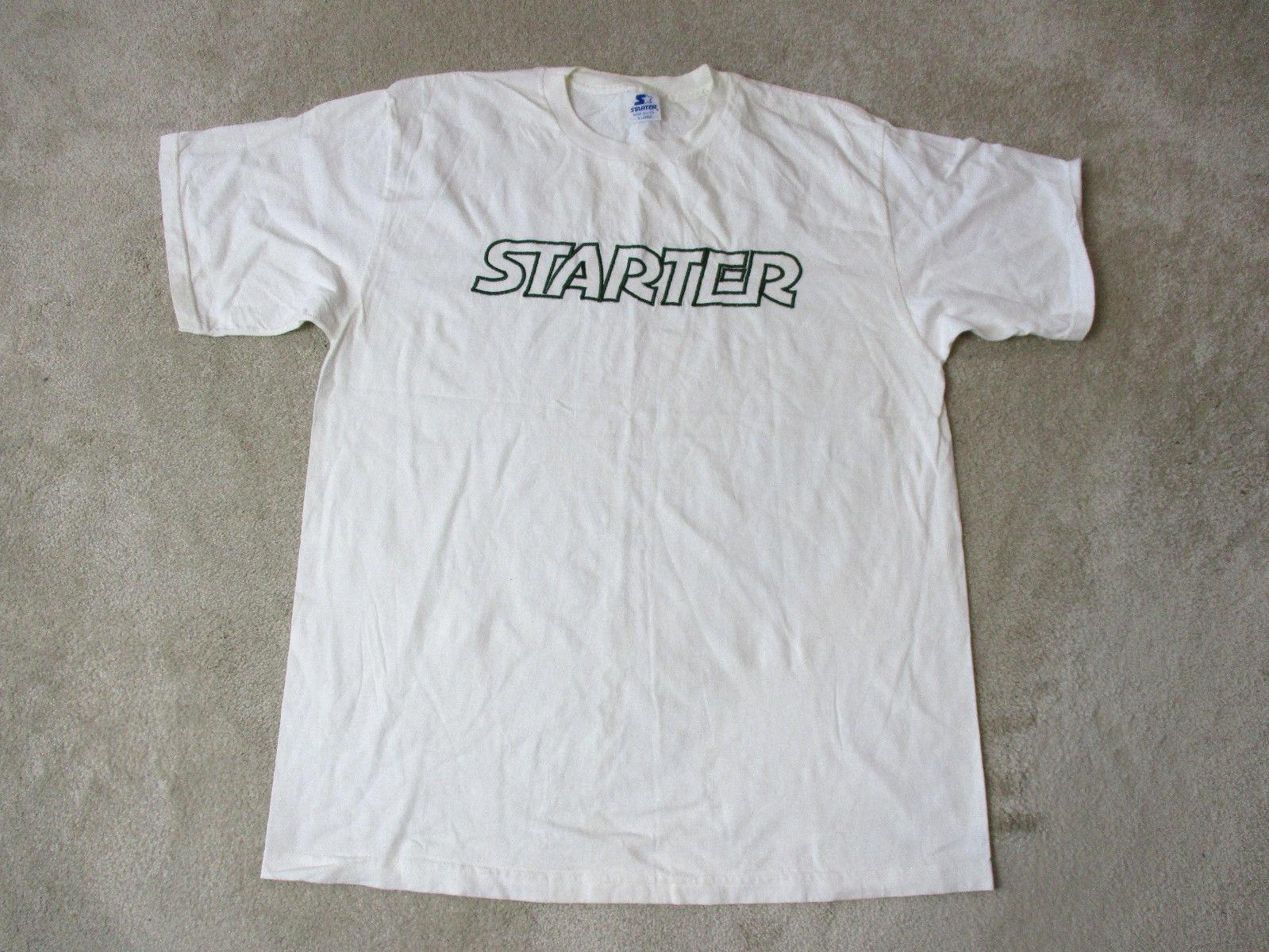 Green and White Box Logo - VINTAGE Starter Shirt Size Adult Extra Large White Green Spell Out