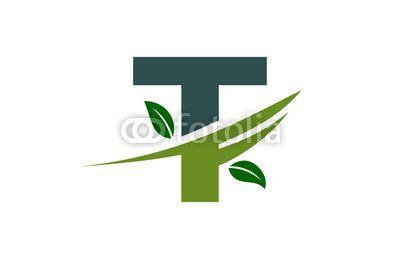 Green with the Letter T Logo - T Green Leaves Swoosh Letter Logo. Buy Photo