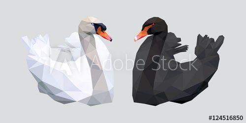 Red and White Swan Logo - Black and white swan with red beak low polygon isolated on gray