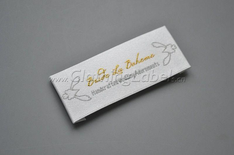 Gold Dress Logo - Custom end folded shiny white satin woven label, grey and gold logo