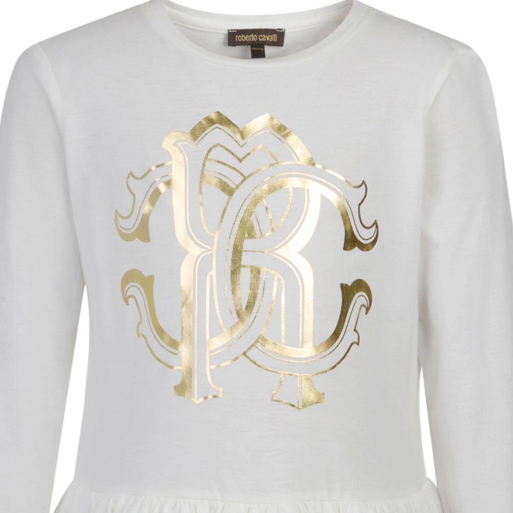 Gold Off White Logo - Roberto Cavalli Kids Girls Off White Dress with Gold Foil Logo ...