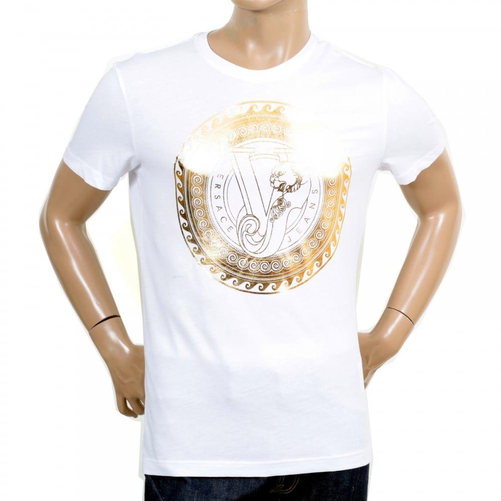 Gold Dress Logo - Versace Gold Logo printed Crew Neck T shirt in white. Shop now!
