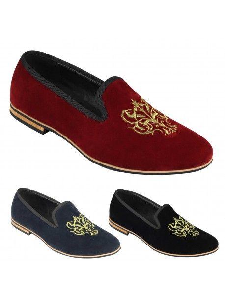 Gold Dress Logo - Mens Faux Suede Leather Gold Embroidery Logo Slip on Loafers Dress
