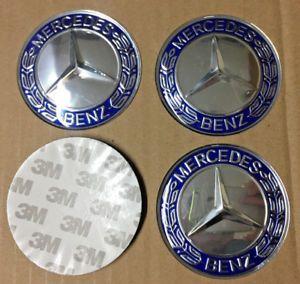 Circle in Silver with Blue Center Logo - 4x (Sticker) 65mm Mercedes Benz Blue Wheel Centre Cap Hub Caps ...