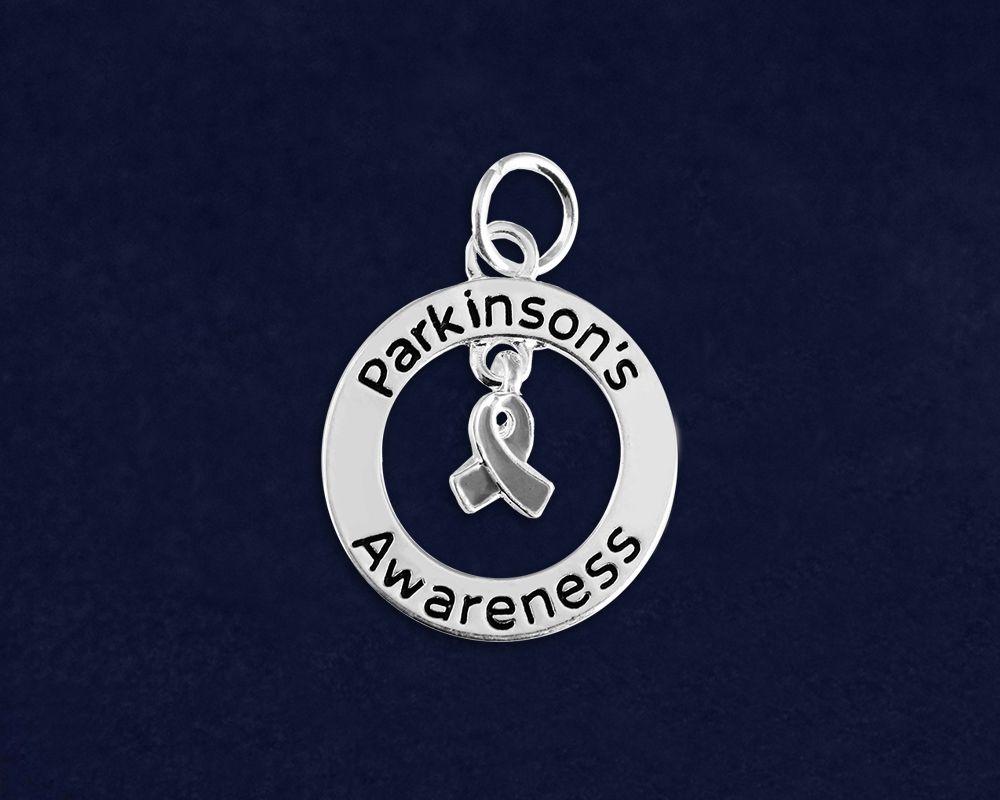 Circle in Silver with Blue Center Logo - Parkinson's Disease Circle Charms, Bulk Awareness Jewelry Parts