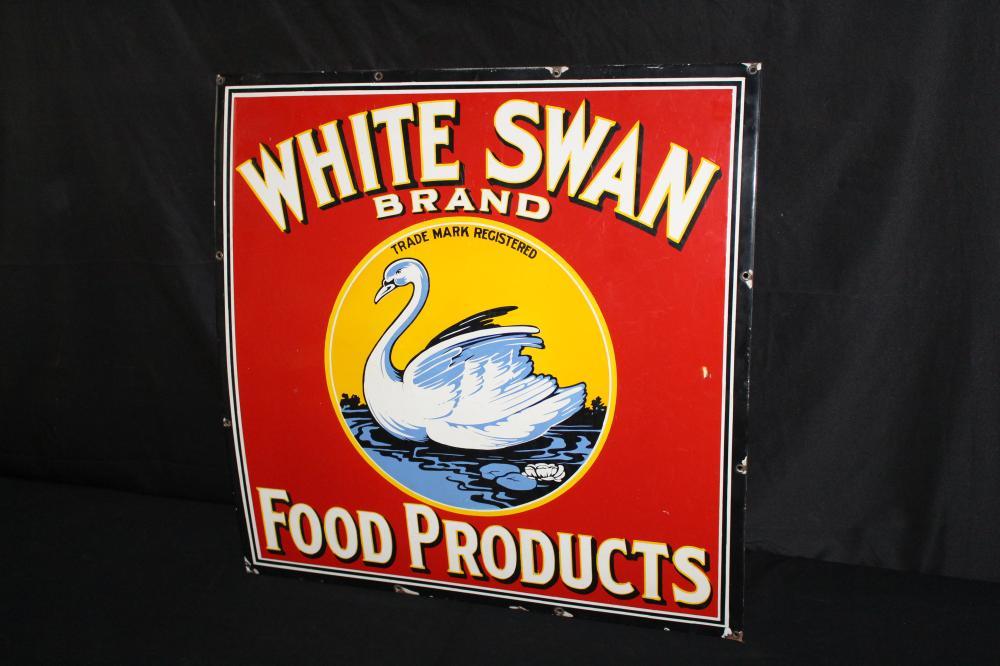 Red and White Swan Logo - PORCELAIN WHITE SWAN FOOD PRODUCTS SIGN