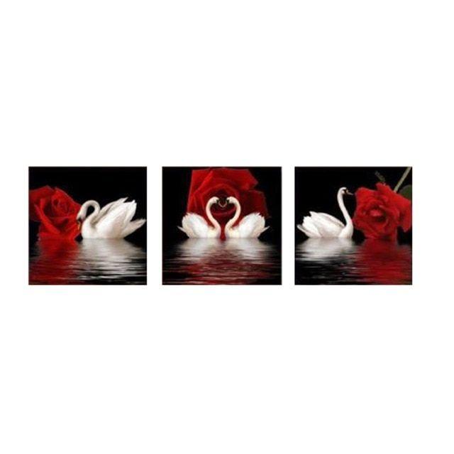 Red and White Swan Logo - 3 Pieces Wall Paintings Red Rose Flowers White Swan on Water Canvas ...
