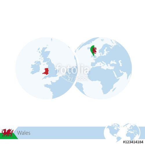 Flags World Globe Logo - Wales on world globe with flag and regional map of Wales.