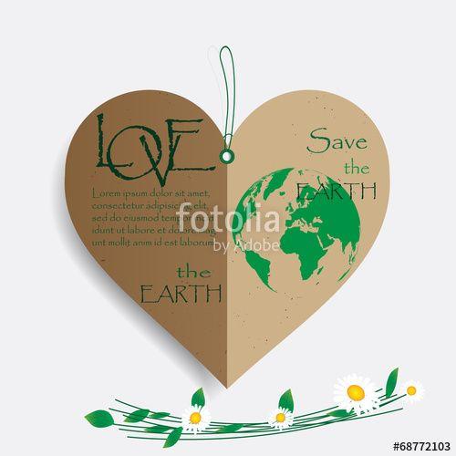 Heart Globe Logo - heart shape of brown recycled paper with green globe logo Stock