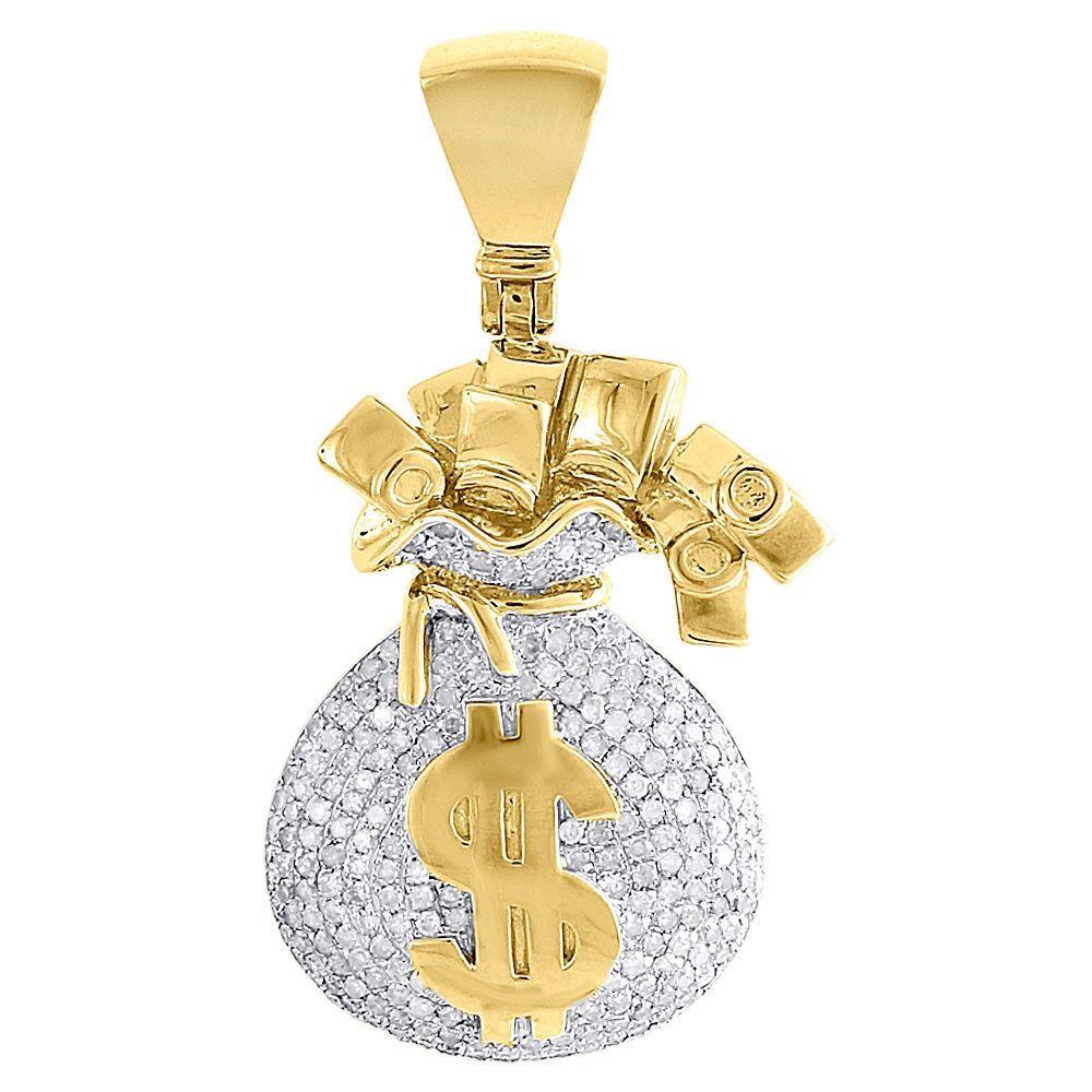 Gold Money Logo - 10K Yellow Gold Money Bag Dollar Logo Pendant Genuine Diamond Charm