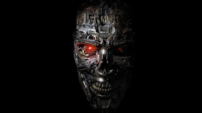 Red-Eyed Robot Logo - Terminator, #black background, #gears, #red eyes, #robot, #machine