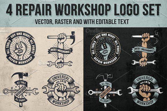 Workshop Logo - 4 Repair workshop logo set ~ Logo Templates ~ Creative Market