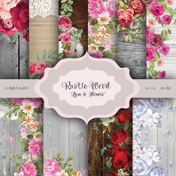 Rustic Wood Flowers Logo - Rustic Wood, Flowers & LACE Digital Paper Pack, Flowers