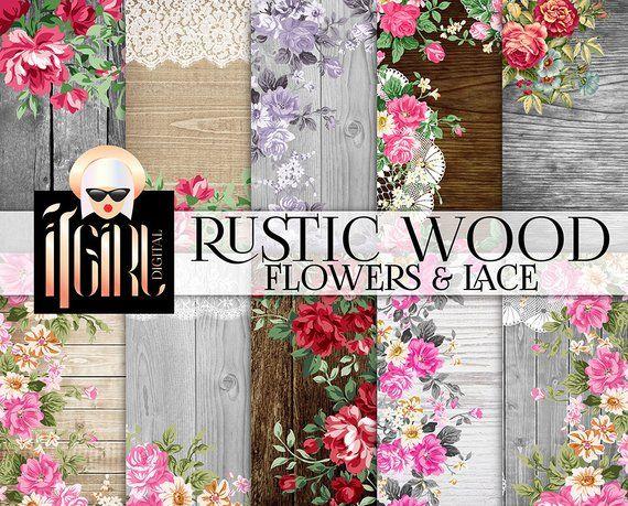 Rustic Wood Flowers Logo - Rustic Wood Flowers & LACE Digital Paper Pack wood flowers