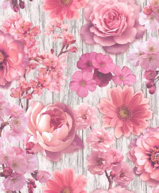 Rustic Wood Flowers Logo - Rasch Rustic Wood Floral Rose Pink Glitter Wallpaper 270556 | eBay