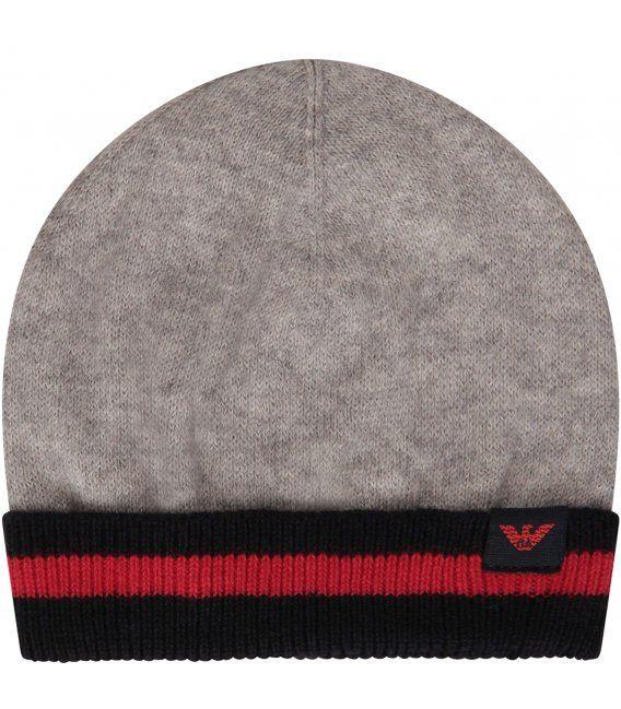 Grey and Red Eagle Logo - ARMANI JUNIOR Grey hat with red iconic eagle logo - CoccoleBimbi