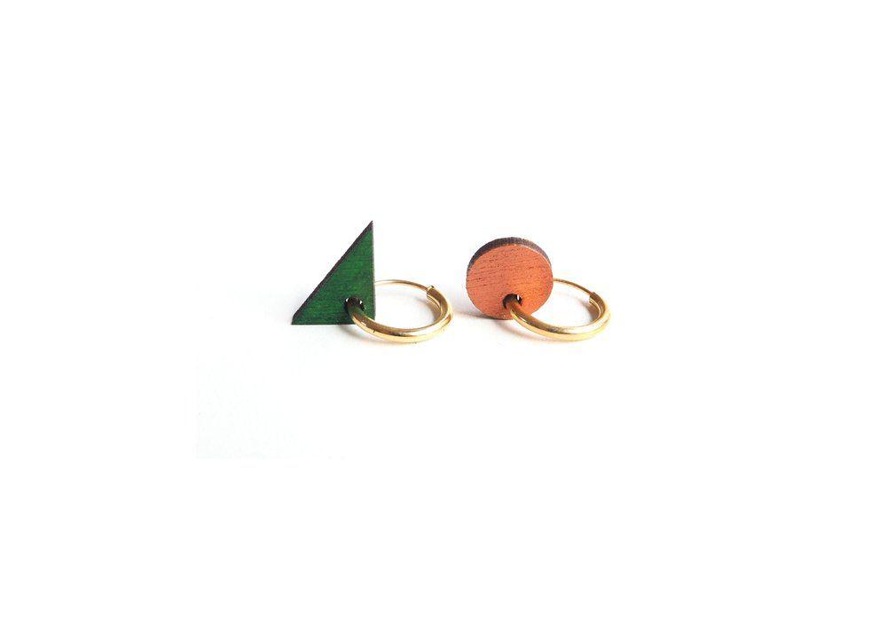 Circle Green Triangle Logo - unbalanced green triangle, copper circle earring with goldplated