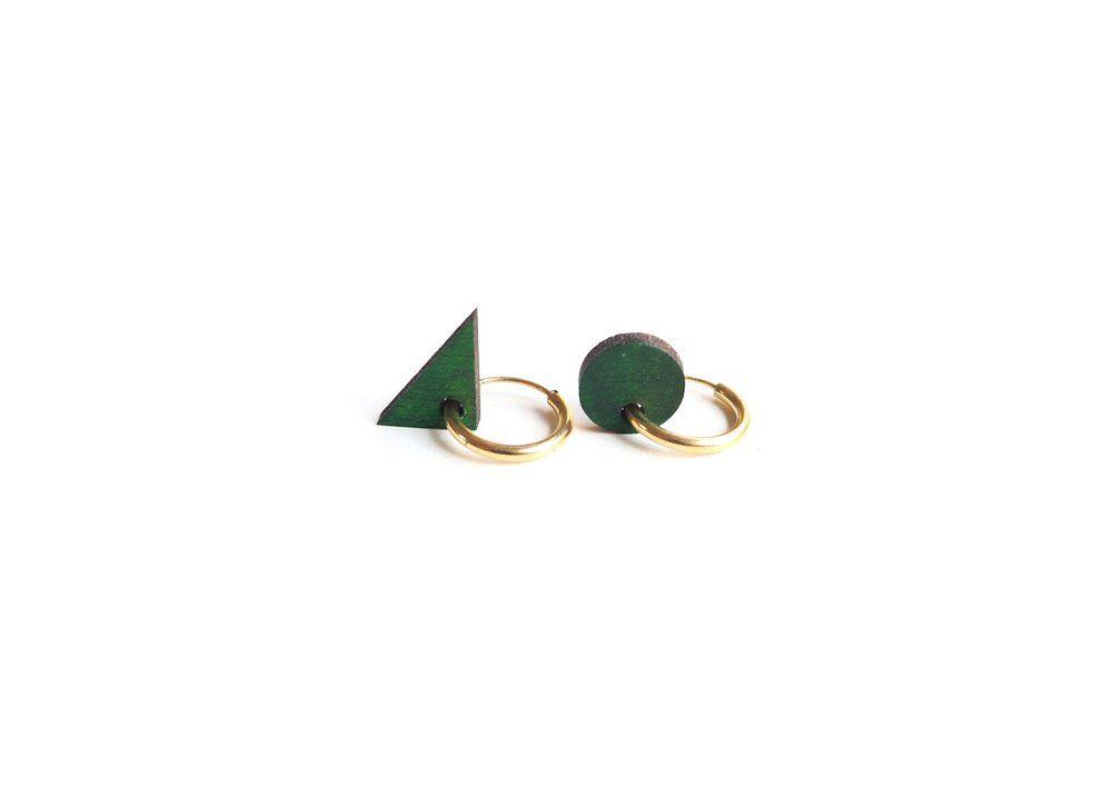 Circle Green Triangle Logo - Unbalanced Green Triangle Circle Earrings With Goldplated Hoops