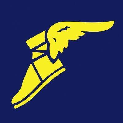 Yellow Blue Shoe with Wings Logo - Yellow shoe Logos