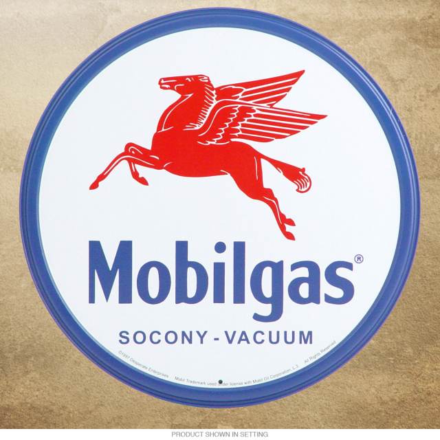 Blue and Red Pegasus Logo - Mobilgas Pegasus Blue Border Round Metal Sign 11.75 in at Retro Planet