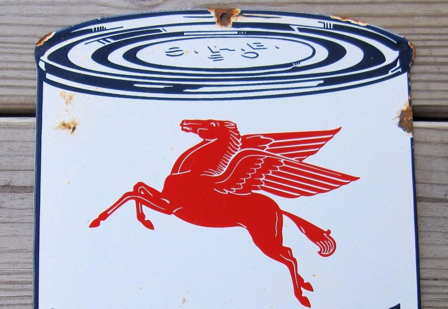Blue and Red Pegasus Logo - MOBILOIL RED PEGASUS LOGO PORCELAIN ENAMEL OIL CAN GAS LUBESTER