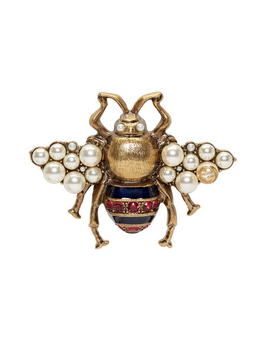 Bee Face Logo - GUCCI Gold Crystal & Pearl Bee Brooch · VERGLE