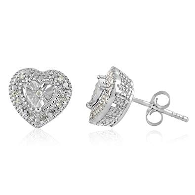 Silver with Diamond Shape Logo - Sterling Silver White Diamonds Heart shape Stud Earrings