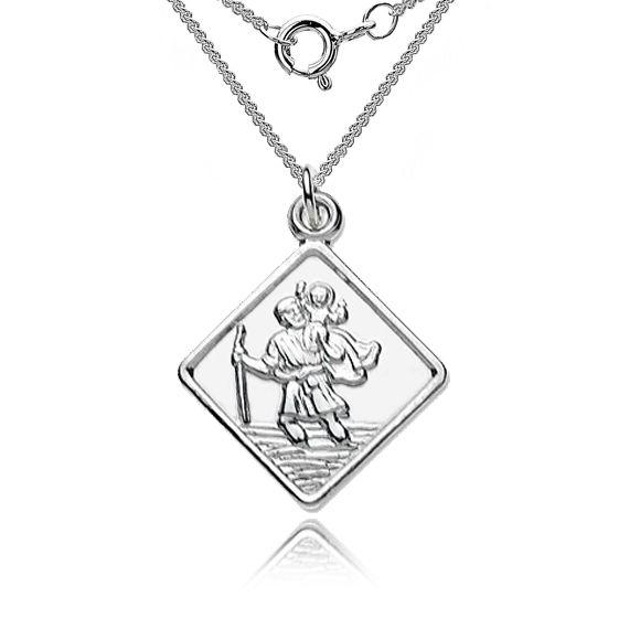 Silver Diamond Shape Logo - St Christopher Diamond Shaped Necklace, Personalised, Sterling Silver