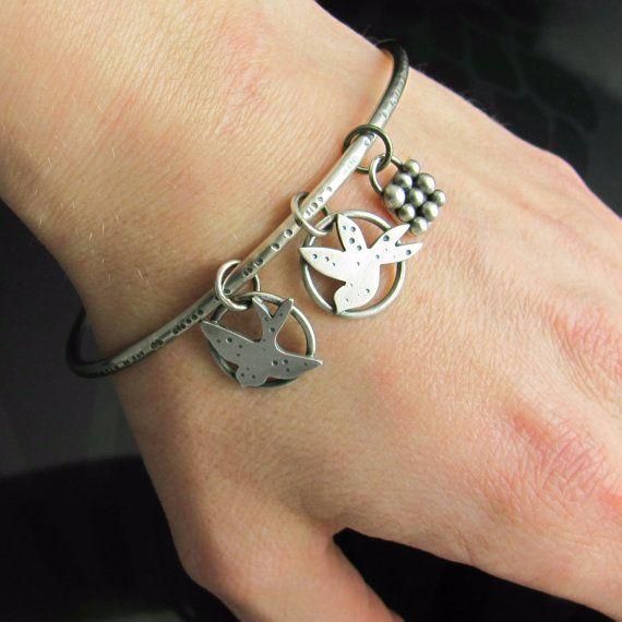 Two Hands On a Silver Ball Logo - Sterling silver bird bangle - sterling siver bangle - bird jewelry ...