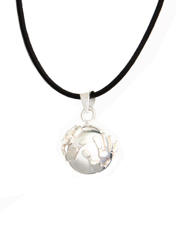 Two Hands On a Silver Ball Logo - Harmony Ball Pendant Hands on Adjustable Suede Necklace. Simbolica