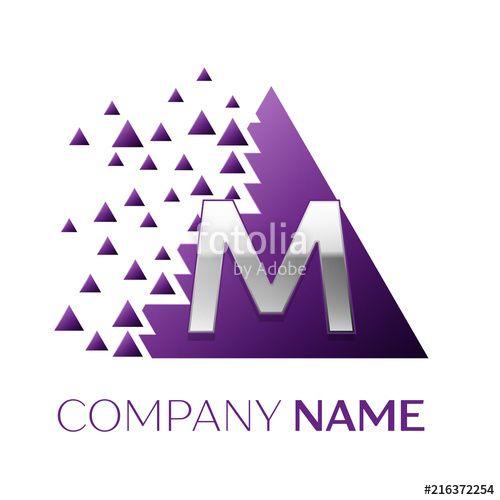 Purple M Logo - Realistic Silver Letter M logo symbol in the purple colorful pixel ...