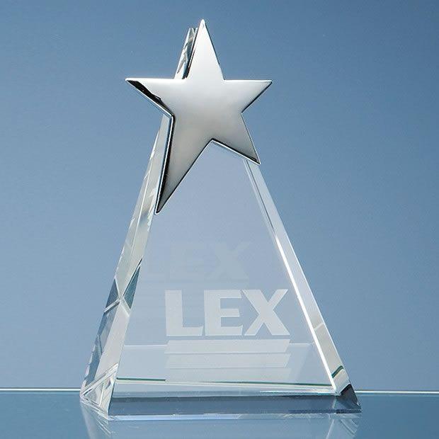 Star Triangle Logo - Engraved Optic Triangle Award with Silver Star 6in Tall