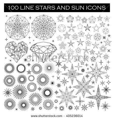 Sun Diamond Logo - Big set of line stars, sun, diamond and heart icons. Black and white