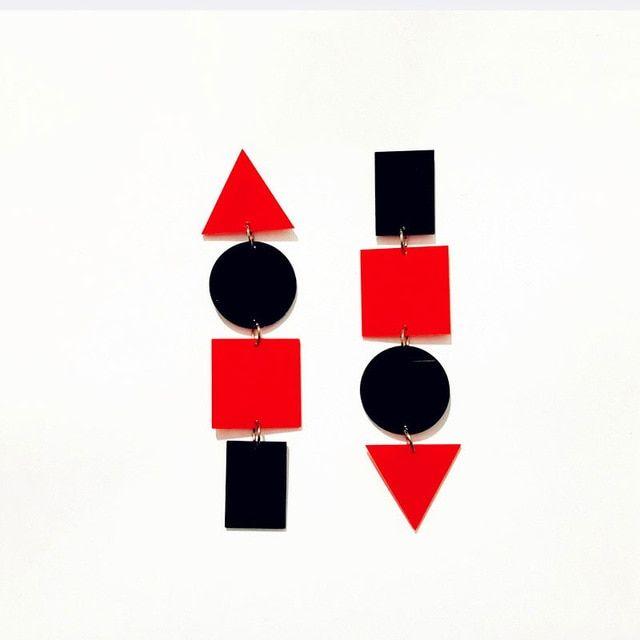 Square Black with Red Rectangle Logo - Triangle Circle Square and Rectangle Long Earrings Black and Red ...