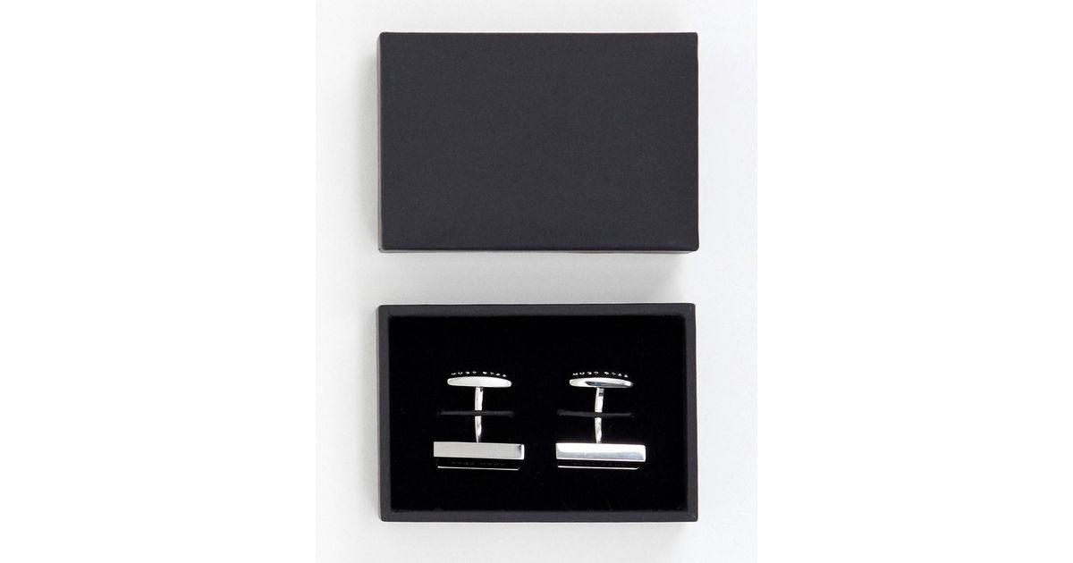 Square Black with Red Rectangle Logo - Boss Red Rectangle Logo Cufflinks In Black in Black for Men
