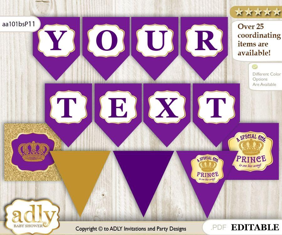 Purple and Gold Crown Logo - Personalized Royal Prince Printable Banner for Baby Shower, Gold ...