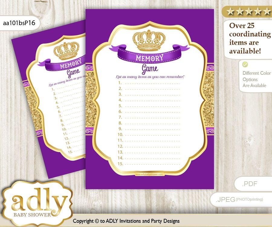 Purple and Gold Crown Logo - Royal Prince Memory Game Card for Baby Shower, Printable Guess Card ...