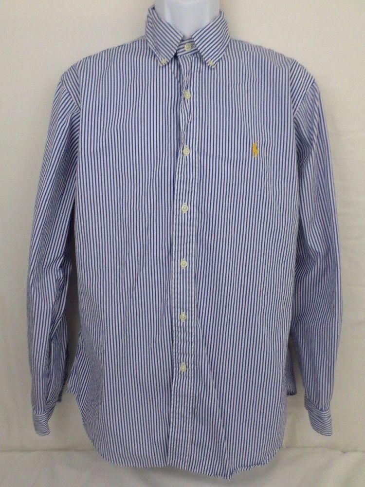 Yellow and Blue L Logo - Mens Ralph Lauren L S Classic Fit Blue White Striped Yellow Polo