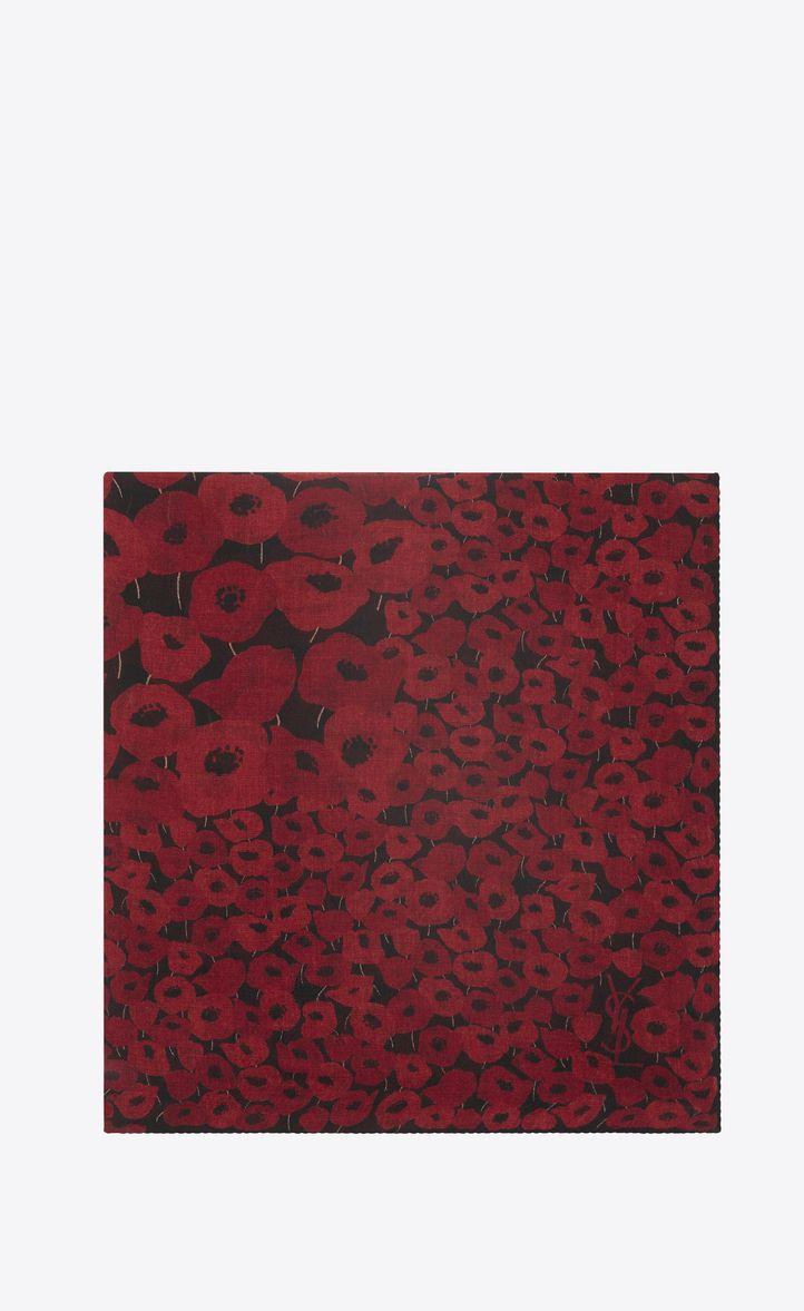 Square Black with Red Rectangle Logo - Saint Laurent Large Square POPPY Scarf In Black And Red Etamine