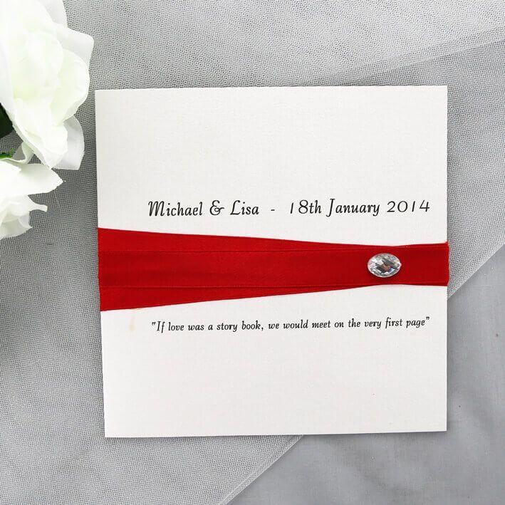Red Square with White Oval Logo - Modern Red and White Wedding Invites. Red Rose Invitations