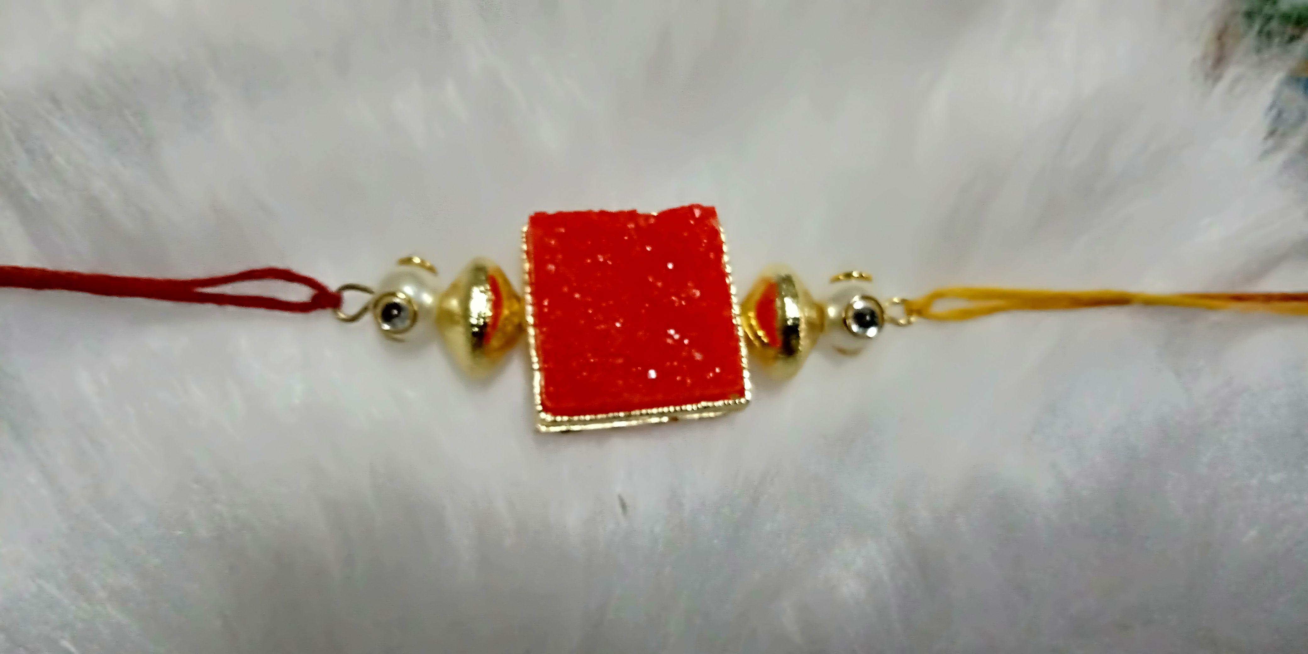 Red Square with White Oval Logo - Pretty Red Square Piece with Golden Oval Brush Finished Beads and ...