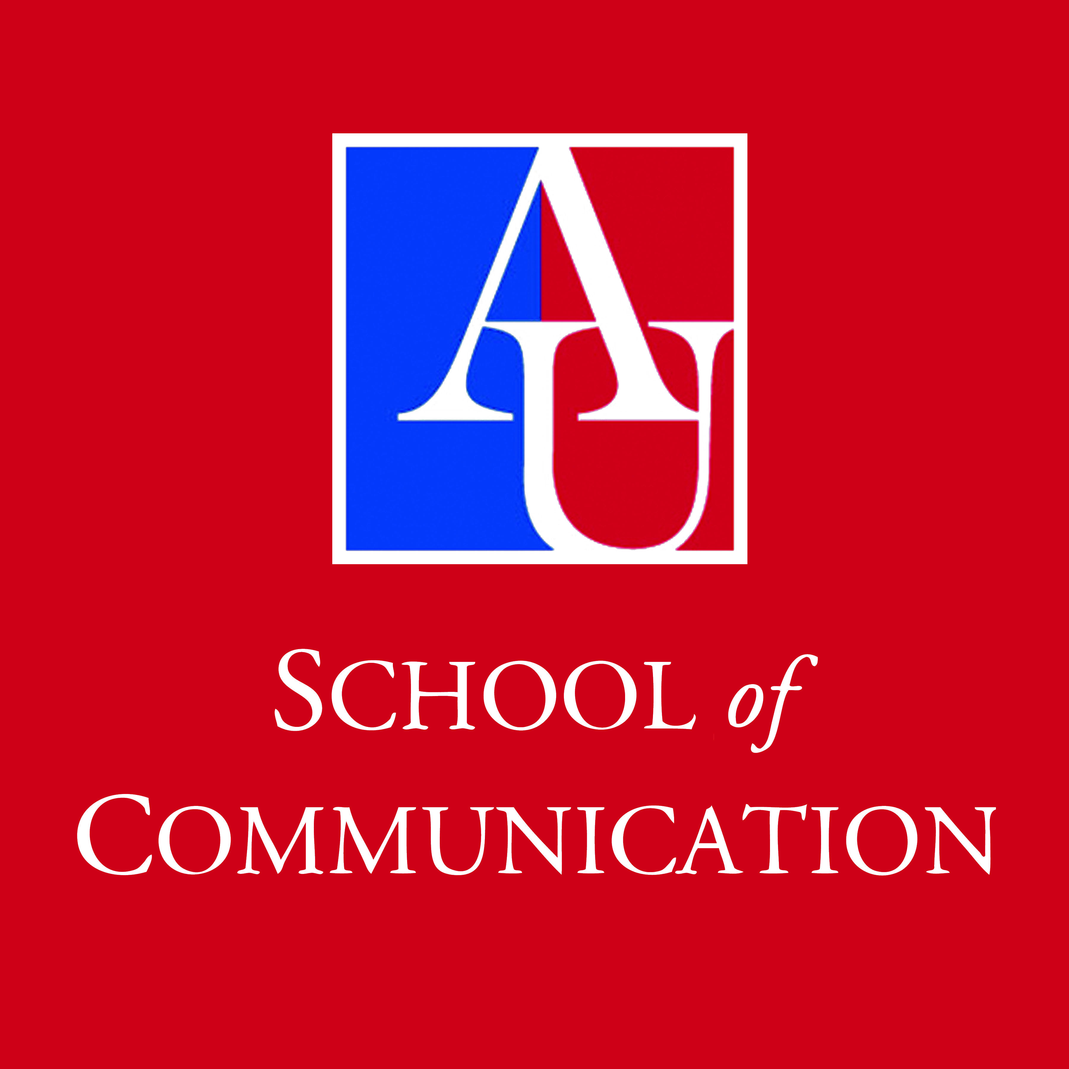 Square White with Blue Background Logo - SOC Logos. School of Communication. American University
